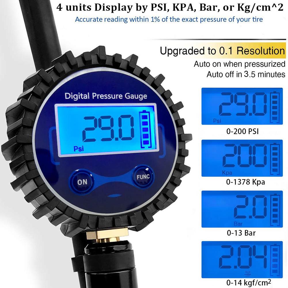 Universal Tire Pressure Inflator Gauge Aluminum Alloy Inflation Monitoring Manometer Air Line Clip-on Tyre Pump LCD Digital