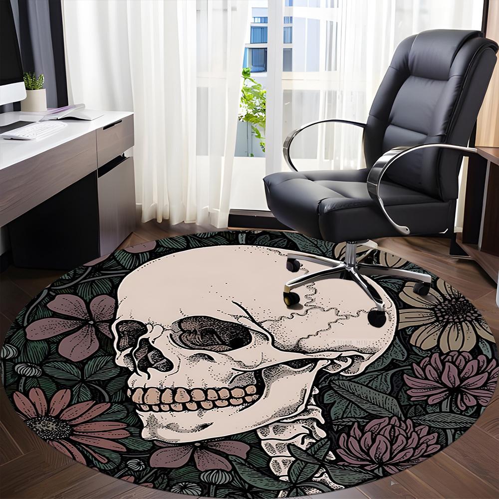 1PC Skull Flowers Office Round Area Rug, Mat Suitable For Office, Under Office Chairs Bedroom Living Room Home Decor, Room Deco