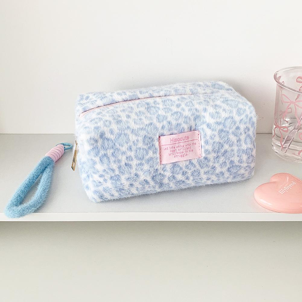 

Leopard Print Plush Makeup Bags with Handle Portable Travel Cosmetic Storage Bag Toilet Bag Cute Pencil Case Fashion Handbag синий