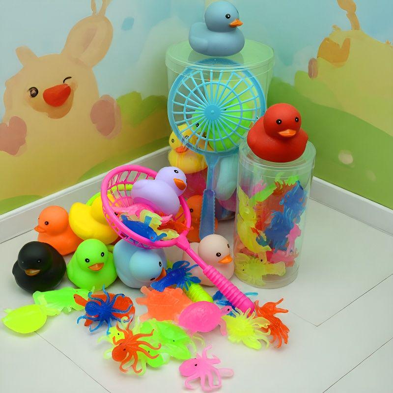 Baby Bath Toys: Squeeze & Squawk Yellow Duck with Net and Soft Marine Animal Set
