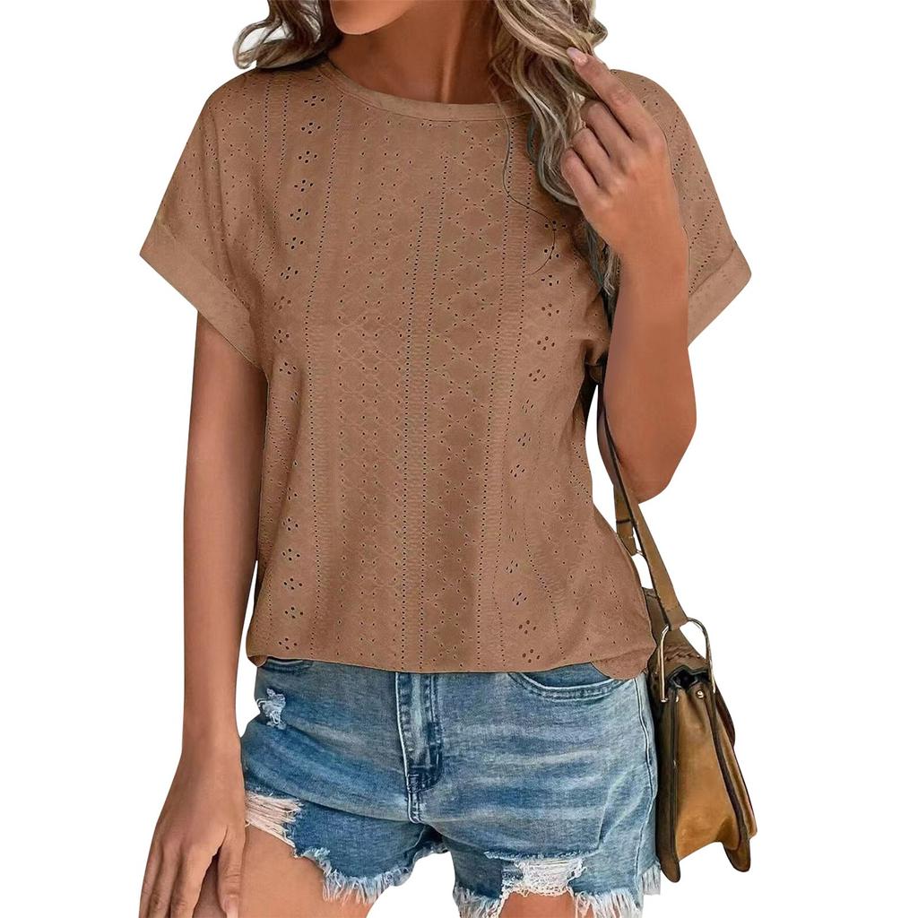 Women's Fashion Solid Color Round Neck Loose Short Sleeved Pullover T-shirt Top