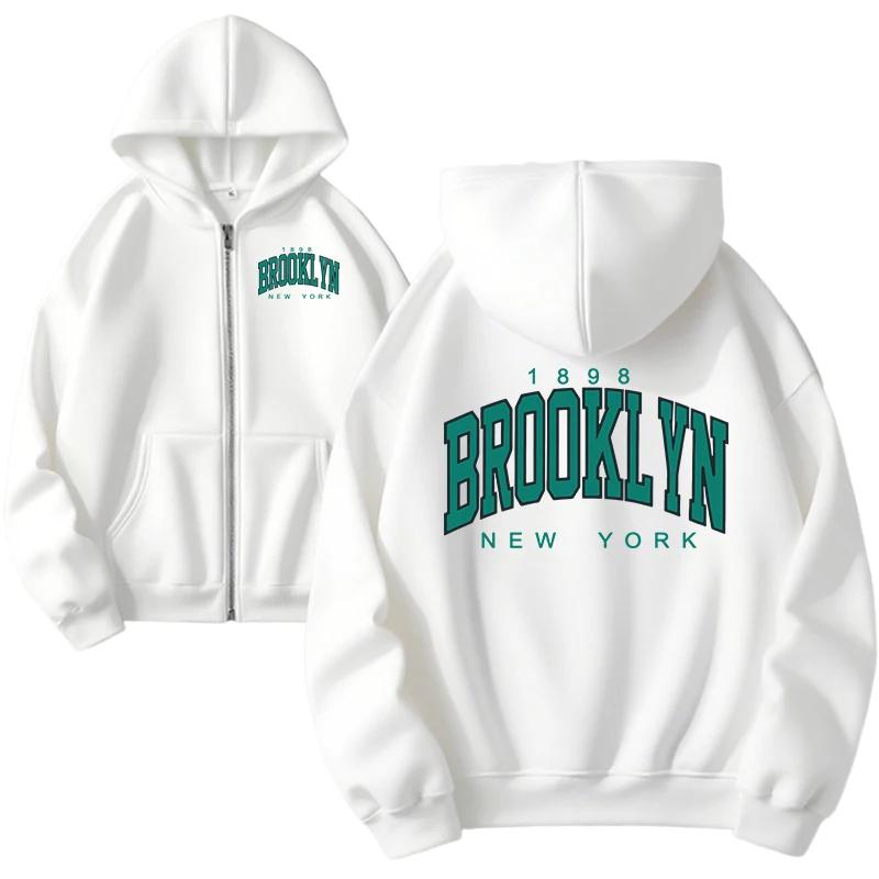 Fashion Women's Zipper Hoodie High Quality Brooklyn Print Hooded Sweatshirts All Season Female Daily Casual Sporty Coat