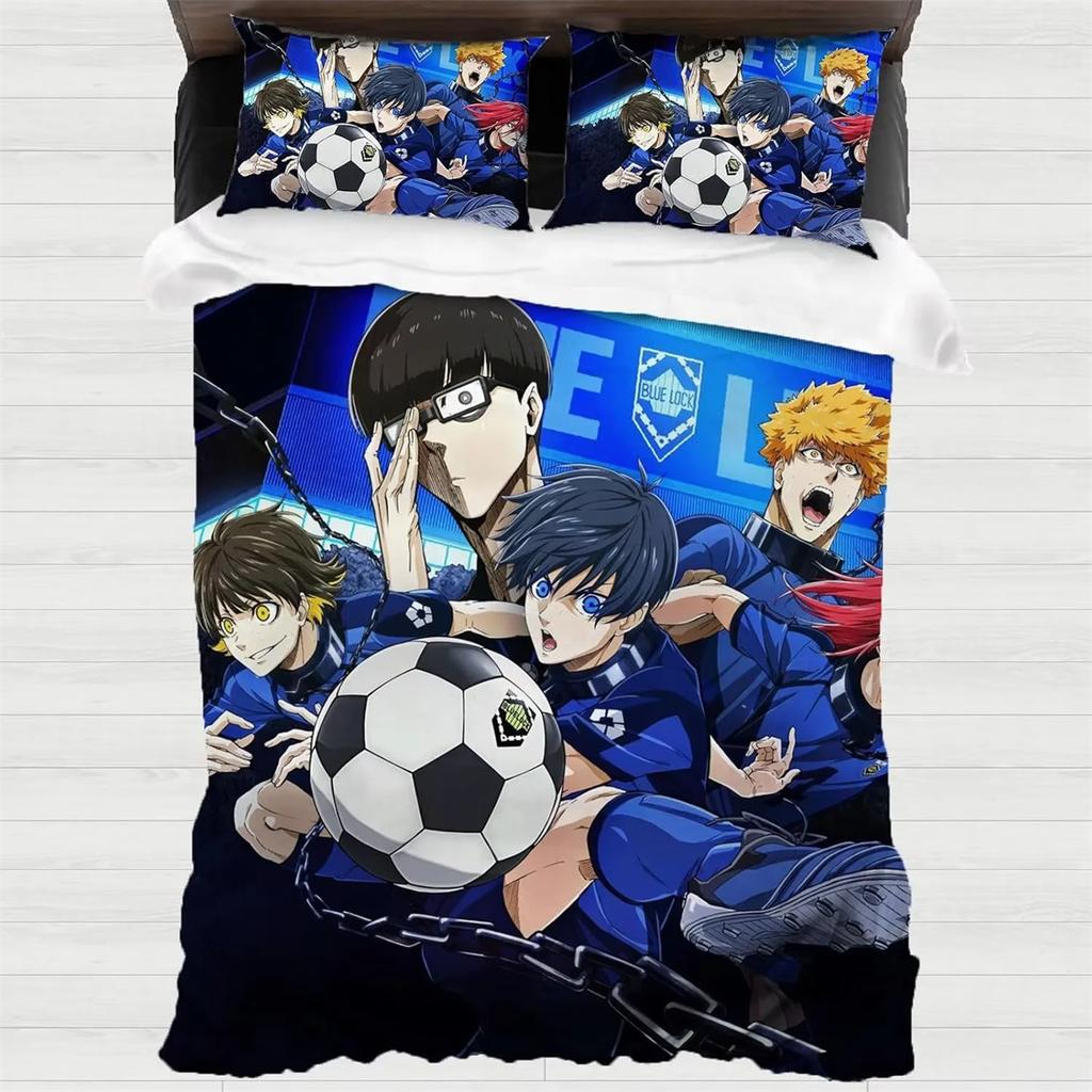 Anime Japanese Blue Boys Children Bedding Set, Football Boy Bedroom Decor Bed Microfiber Duvet Cover Set and Pillowcase 75*50cm