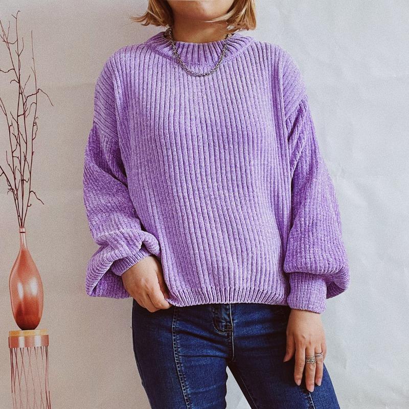 Autumn and Winter New Women's Solid Color Casual Shirt Round Neck Lantern Sleeve Short Knit Pullover Sweater Woman