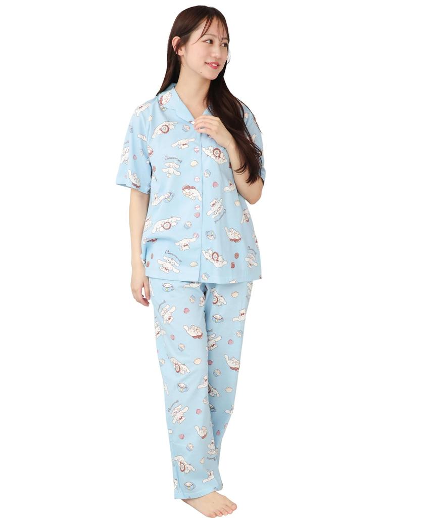 SAZAC Cinnamoroll Women's Cotton Jersey Pajama Set with Short Sleeves and Pants (Turquoise/L/SAN1805)