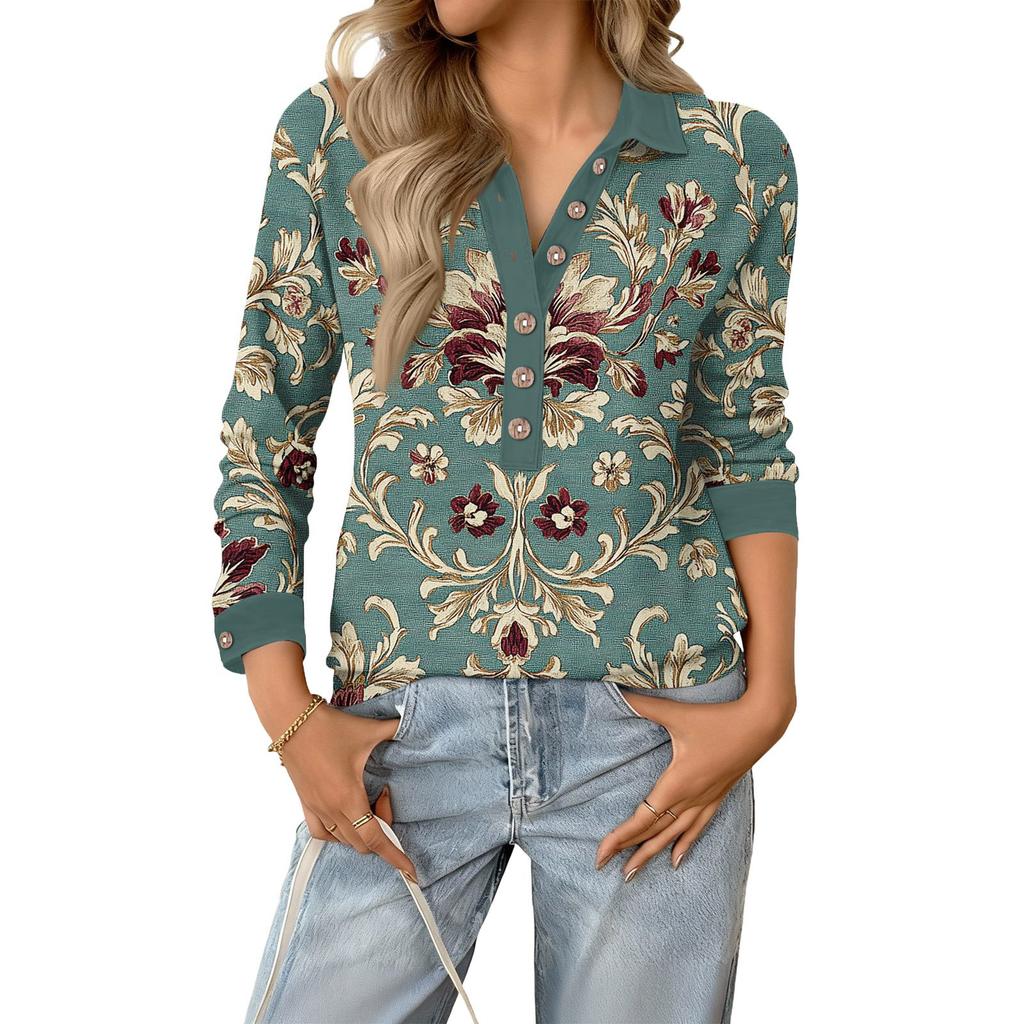 Women's Fashionable and Relaxed V,neck Long,sleeved Button,down Retro Print Pullover Top