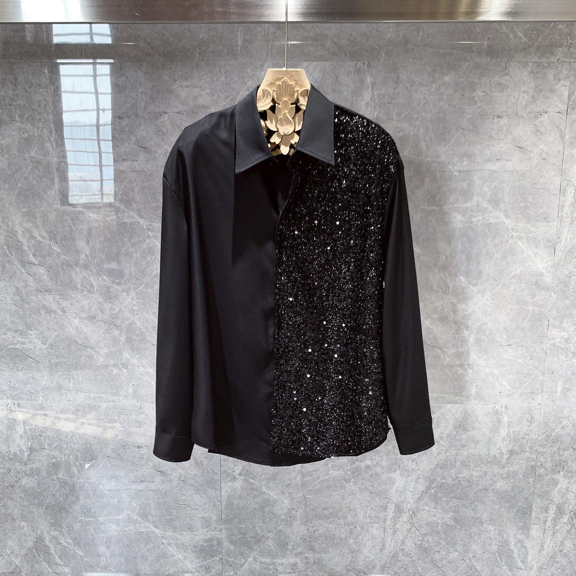 

Spring and Autumn Fashion Sequin Shirt Men Loose and All-Match Cardigan S чёрный