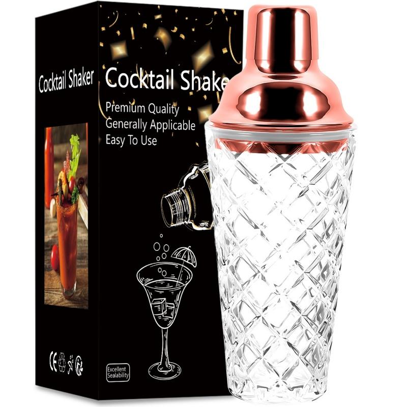 Shaker à cocktail simple en verre Couvercle en acier inoxydable Filtre Motif tressé/ananas Verre à mélange Shaker à cocktail Verre Outils de bar