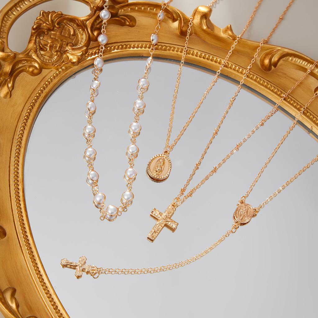 4Pcs/Set Chain Necklace for Women Mini Jesus Cross Pendant Clavicle Jewelry Accessories