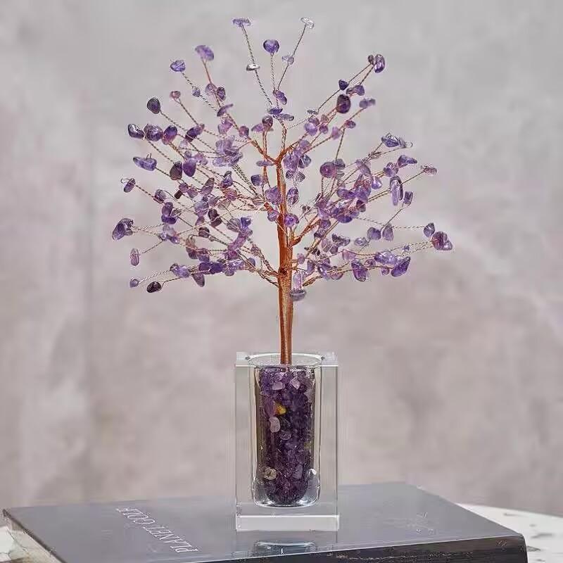 Natural crystal raw stone wire-wrapped fortune tree ornament Living room tabletop office desk wishing tree decoration stand