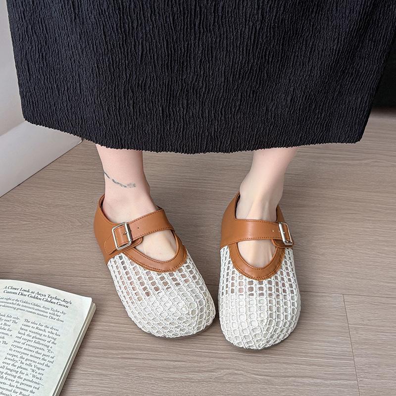 Women's Mesh Sandals Summer Flat Bottom Silver Buckle Round Head Slip-On Mary Jane Single Shoes Breathable Comfort Casual Shoes