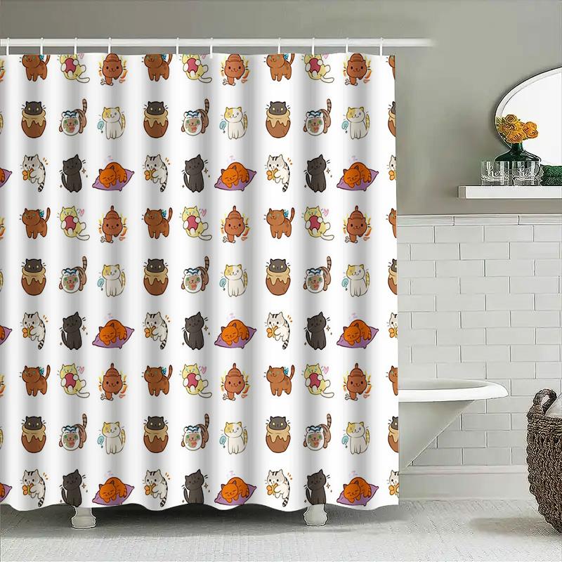 Cute Cat Shower Curtain Waterproof Animal Pattern Bathroom Decor Japanese Style Home Textile Washroom Fabric Hanging