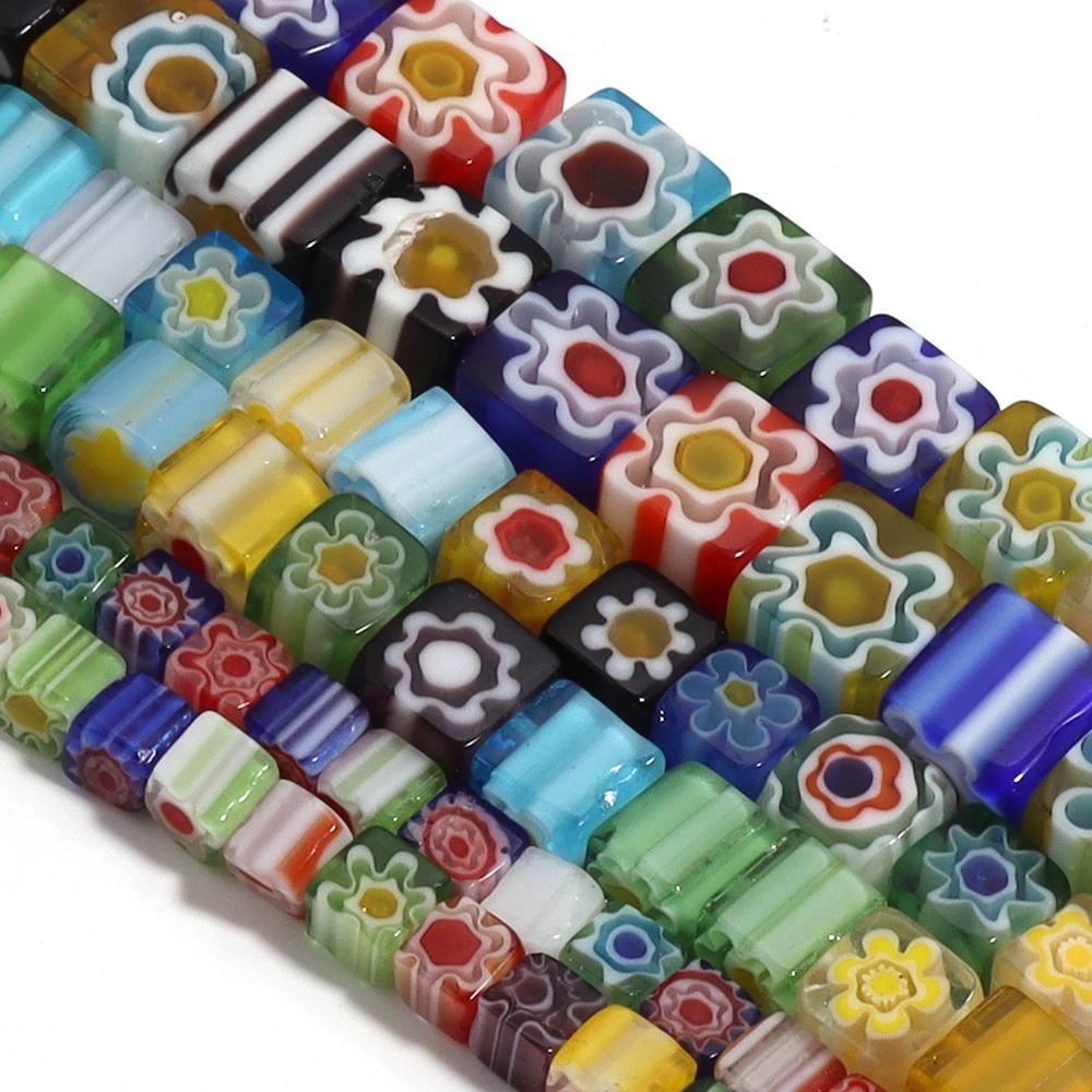 1 Strang Bunte Quadratische Blumen Lampwork Perlen 4-8mm Glas Lose Abstandshalter Perlen Für Schmuckherstellung Basteln DIY Armband Zubehör