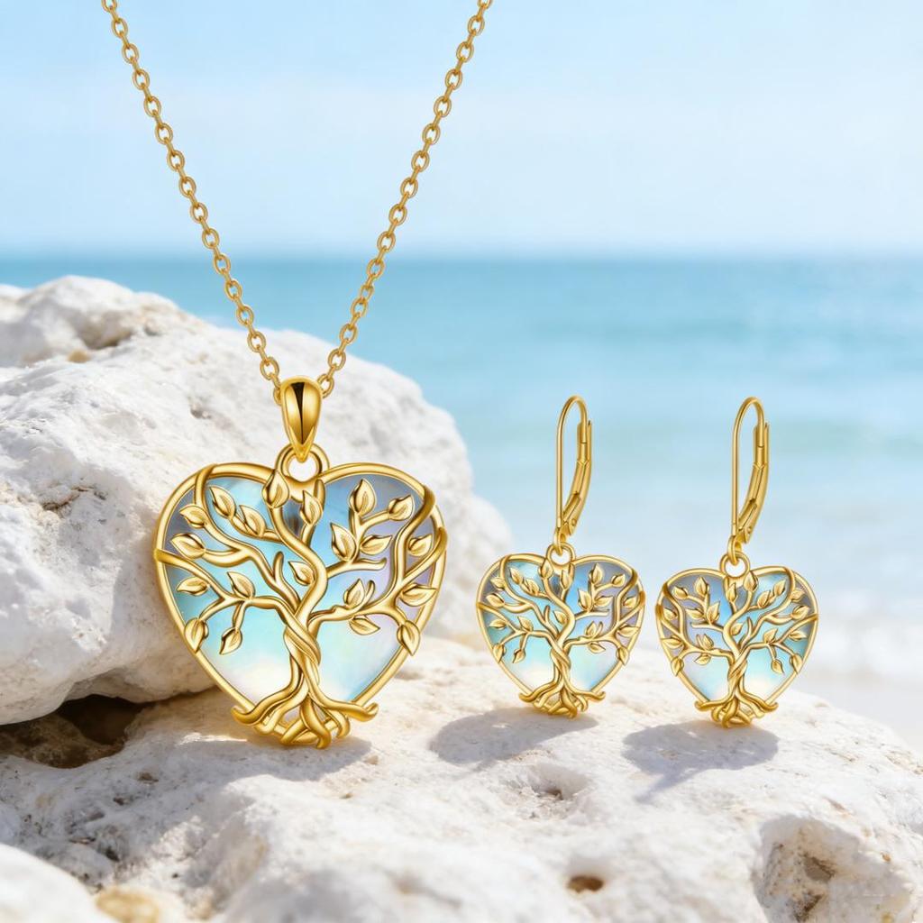 Moonstone Earring & Necklace Set - Heart Tree of Life, Luxurious European & American Style for Women
