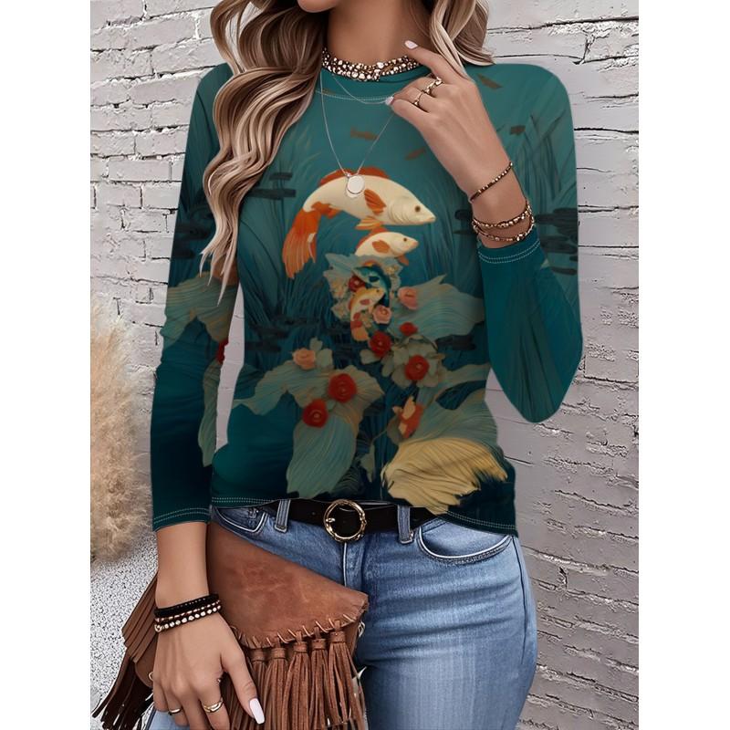 Womens Round Neck 3D Dinosaur Print Tee - Casual Fit 7/8 Sleeve 2025