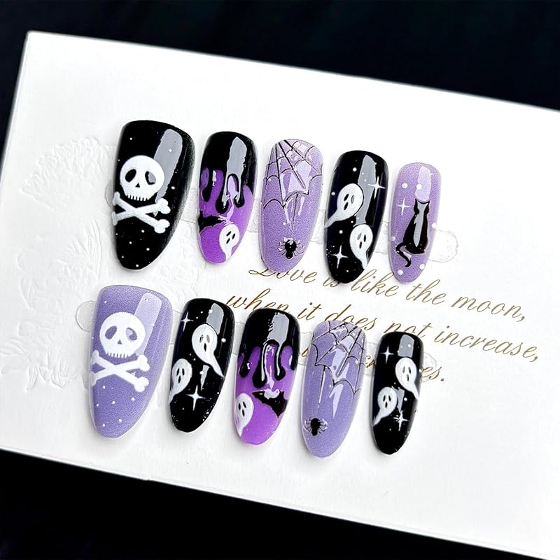 Short Almond Press on Nails Halloween Fake Nails Gothic Bat Acrylic Nail Cute Ghost False Nail with Purple Glitter Design Goth Halloween Nails Press