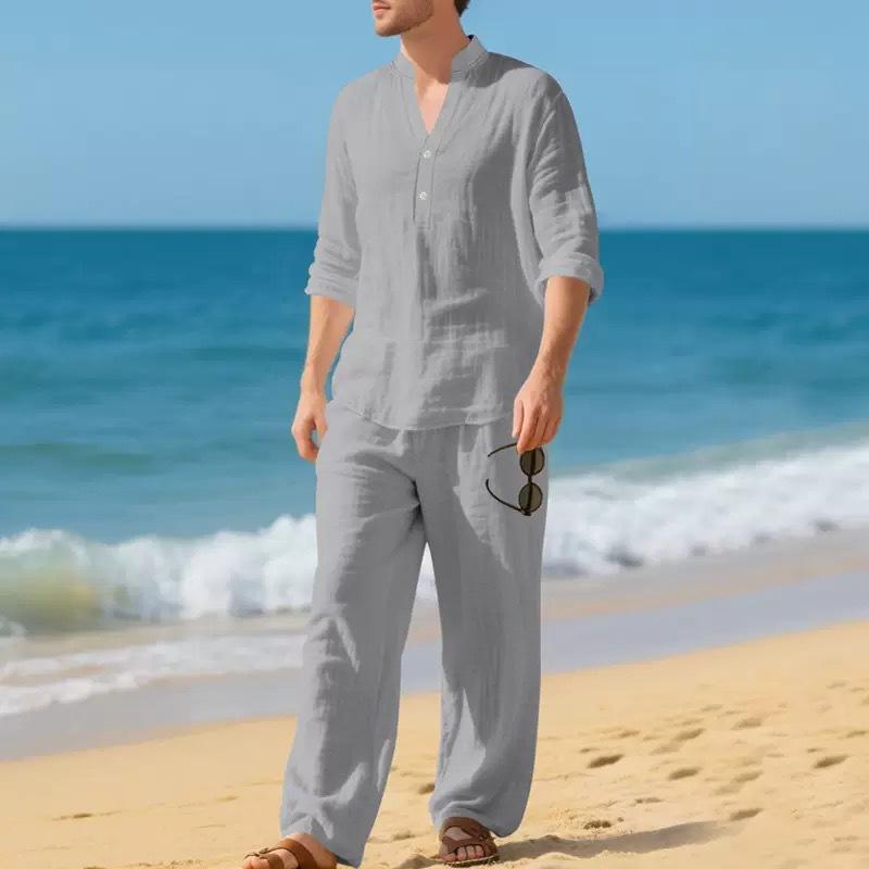 Linen autumn new men's loose casual breathable V-neck Henry shirt long-sleeved trousers set