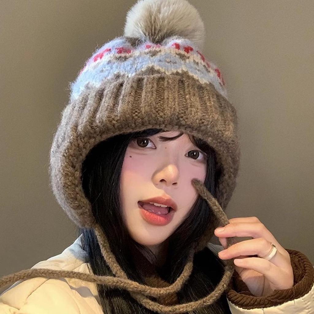 Cappello lavorato a maglia stile Fair Isle per donna, berretto invernale caldo con jacquard etnico, protezione per le orecchie, berretto per bambina, anti-freddo, paraorecchie da Sci sulla Neve, berretto