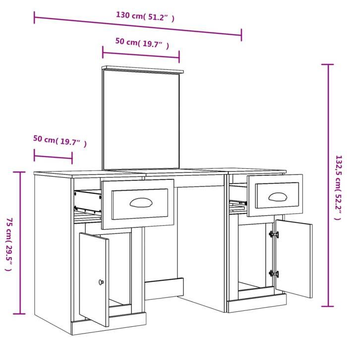 VidaXL Coiffeuse avec Miroir, Table de Maquillage avec Rangement, Coiffeuse de Cosmétique Chambre à Coucher, Moderne, Sonoma 3185341
