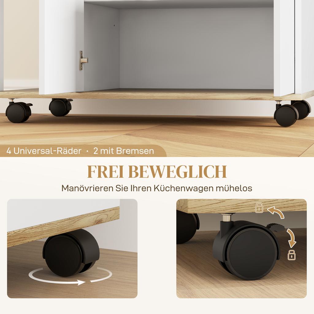 Rolling Kitchen Cart with Storage, Cabinet, Adjustable Shelves, for Kitchen, Living Room, Dining Room, White