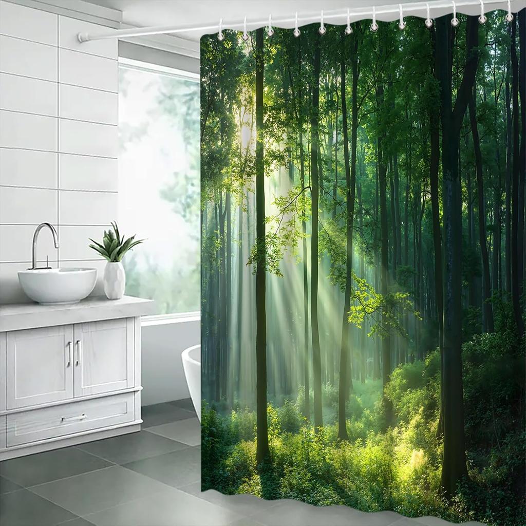 Green Forest Shower Curtain Nature Tree Plant Summer Sunset Sunshine Rustic Scenery Landscape Fabric Bathroom Decor Sets with