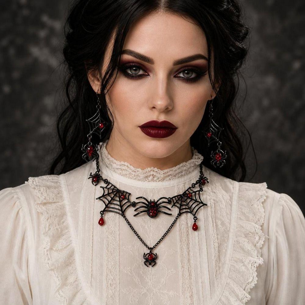 Ornate Halloween Spider Necklace Rhinestone Earring Necklace Set New Gothic Jewelry Set Cosplay