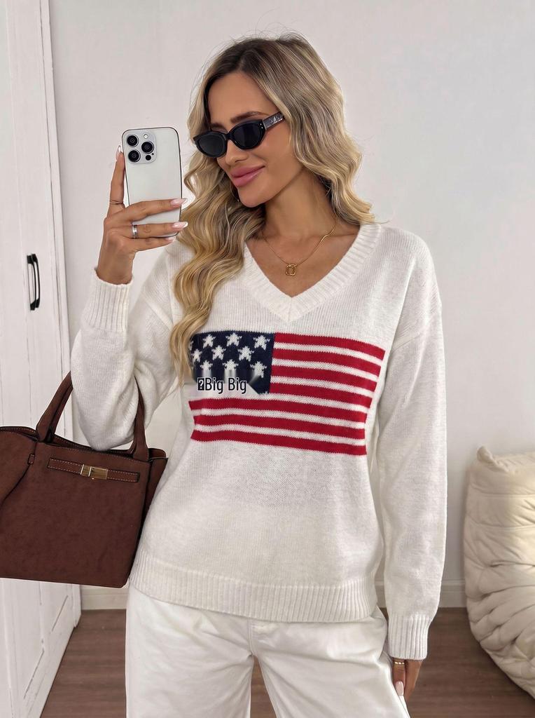 Women's European V-Neck Knit Sweater - 2026 Flag Pattern, Long Sleeve Pullover for Autumn/Winter