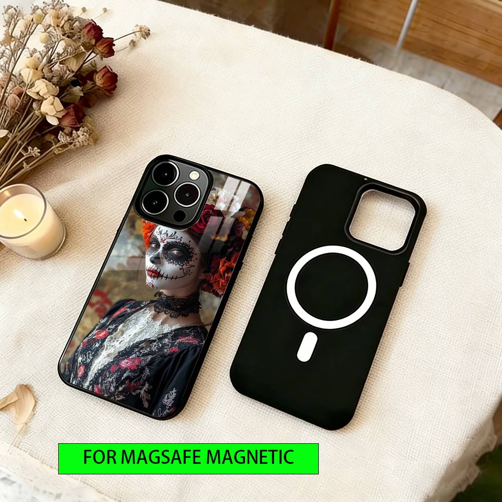 

Day of the Dead Mexican Catrina Skull Phone Case For iPhone17,16,15,14,13,12,11 Plus,Pro Magnetic For Magsafe Wireless Charging iPhone16ProMax