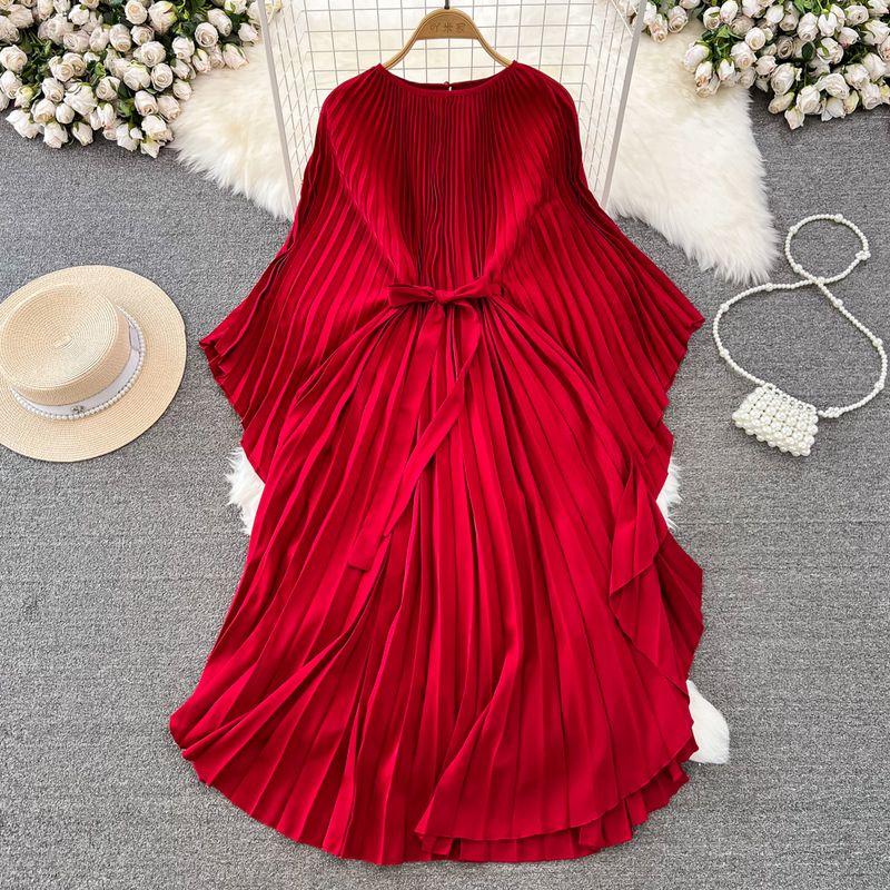 

Accessible Luxury Sanzhai Ruched Batwing Sleeve Elegance Dress Red All yards