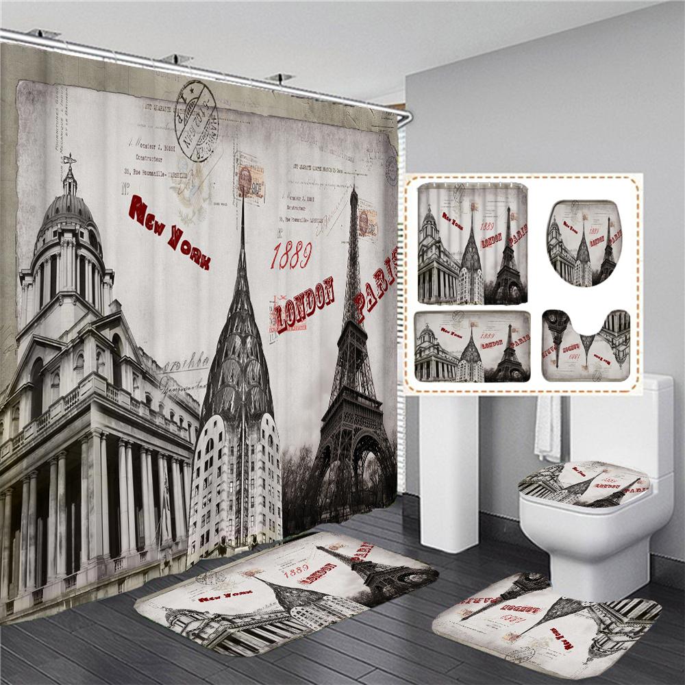 Vintage Scenery Paris Tower Home Decor Waterproof Shower Curtain Set With 12 Hooks Toilet Covers Bath Mats Bathroom Non-Slip Rug
