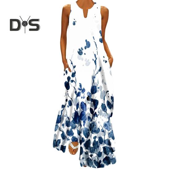 Women Summer Dress V-neck Sleeveless Floral Print Maxi Dress with Pockets Loose Fit Flowy Long Sundress