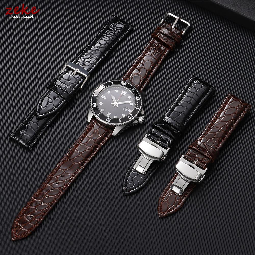 Butterfly Clasp Crocodile Pattern Leather Watch Strap 12/14/16/18/19/20/22mm Replacement Watchband Soft Business Wristwatch Band