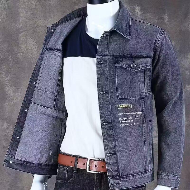 Mens Loose Turn Down Collar Washed Denim Work Casual Jacket Outerwear