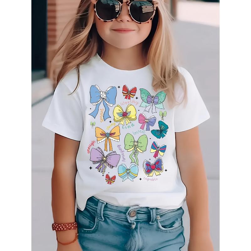 

European Size Girls Round Neck Short Sleeved T Shirt with Colorful Butterfly Pattern 98cm белый
