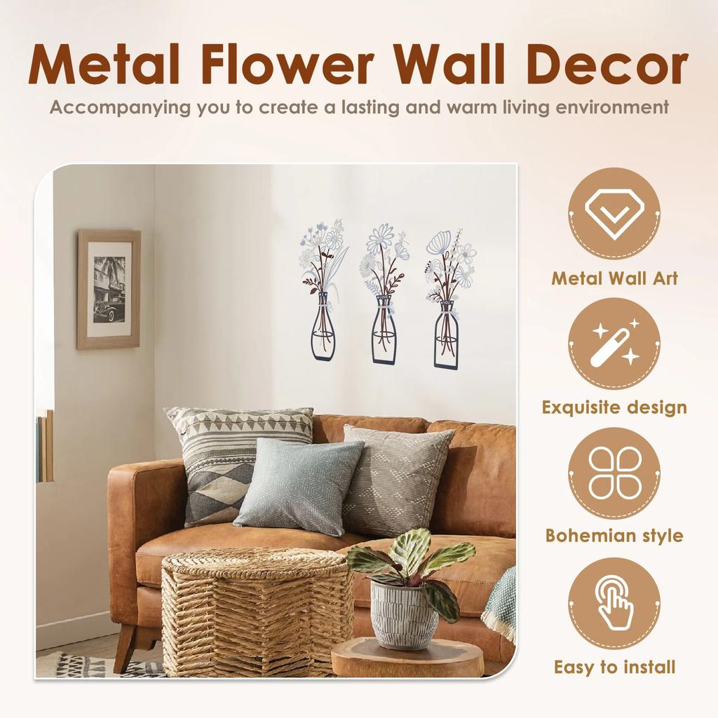 3 Pcs Metal Flower Wall Pendant Waterproof Metal Flower Wall Art with Screw for Living Room Bedroom Bathroom and Home Decoration
