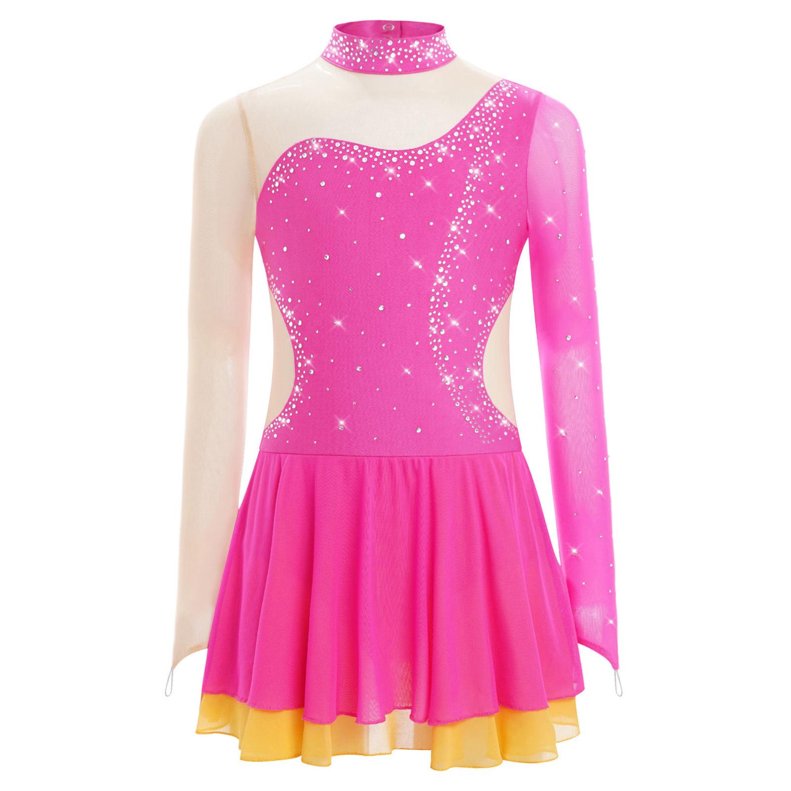 

Girls Sparkle Rhinestones Figure Skating Costume Color Block Mesh Patchwork Long Sleeve Keyhole Back Dance Dress