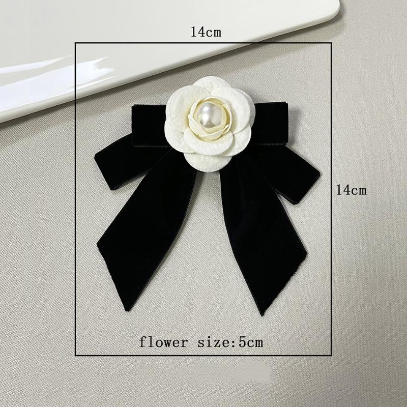 French Style Camellia Pearl Velvet Bow Brooch Elegant Neck Tie Mourning Corsage Pin Formal Wear Shirt Collar Accessories