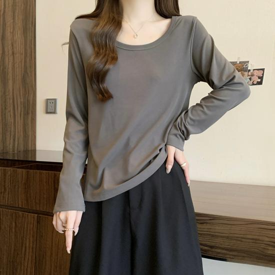 

Plus Size Women s Grey Ribbed Long Sleeve U-Neck T-Shirt - Loose Fit, Tummy Covering, Straight Shoulder L, fits 100-110 jin серый