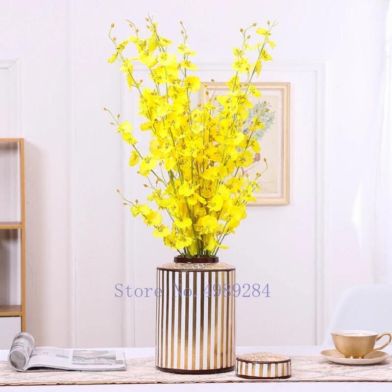 Creativity Ceramics Vase with Cover Golden Stripe Modern Storage Jar Modern Home Desktop Flower Arrangement Vases Decoration