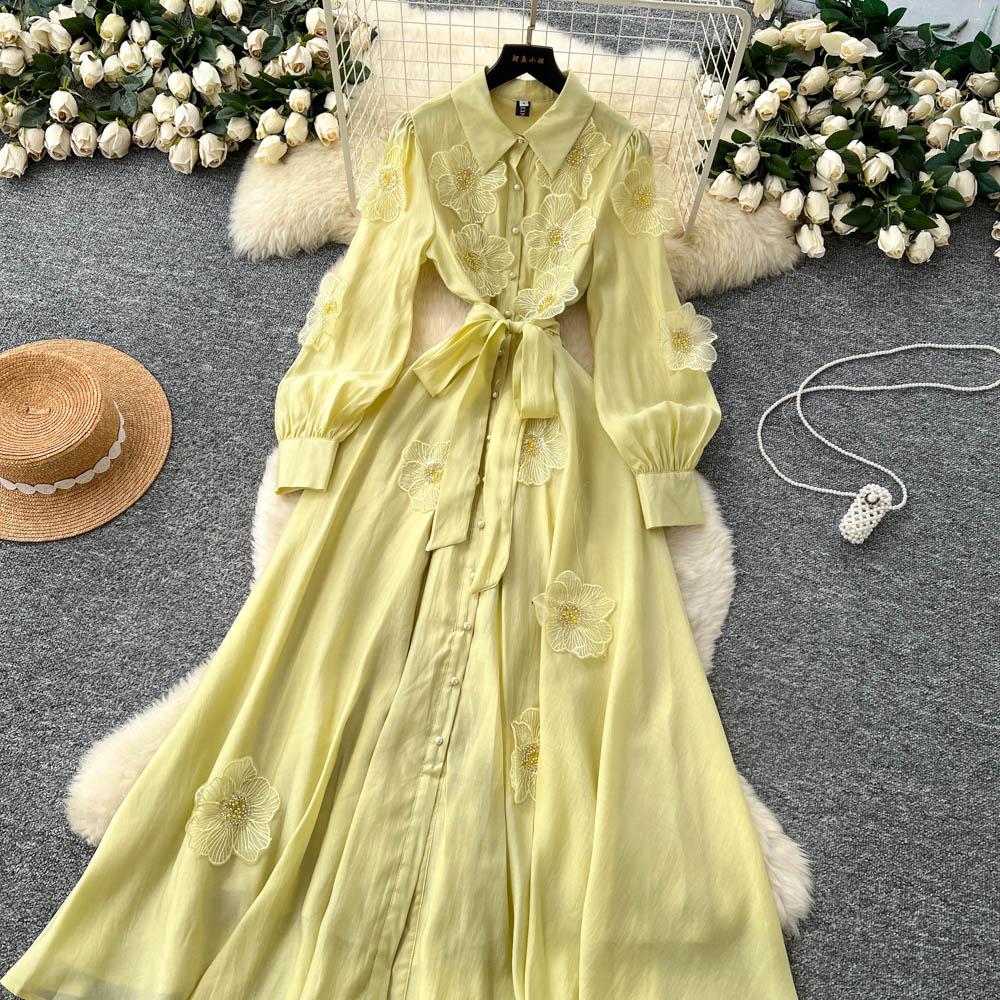 Chic Vintage Three-dimensional Single Breasted Slim Elegant Fairy Korean Fashion Boho Women Clothing Long Dress