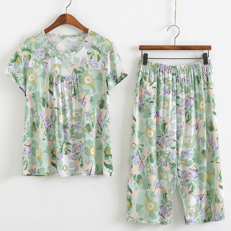 Baumwollseidenset Kurzarm-Caprihose für Damen mittleren Alters und ältere Frauen im Sommer, dünnes Oberteil, cooles Zuhause