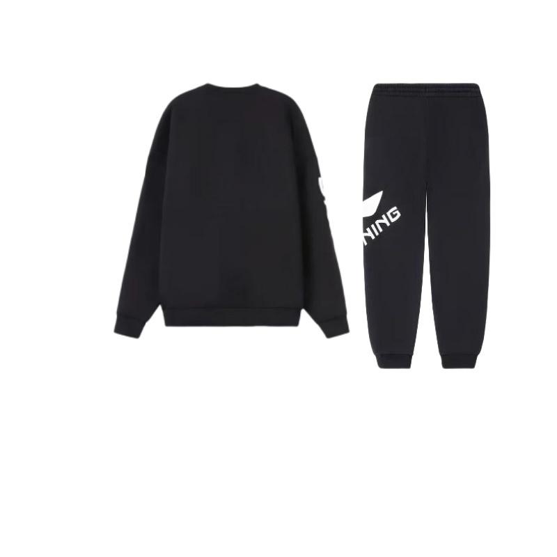 Li Ning Logo Print Fleece Warm Crew Neck Pullover Long Sleeve Sweatshirt Comfortable Long Pants Casual Sports Suit AKLSG51-3+AWDRF44-2