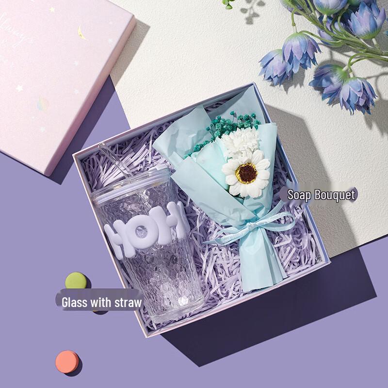 Portable Glass Straw Cup with Soap Flower Bouquet Gift Set