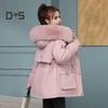 Women Winter Coat Thick Plush Furry Hooded Long Sleeves Pockets Drawstring Waist Zip-up Windproof Mid Length Overcoat Outdoor Outwear