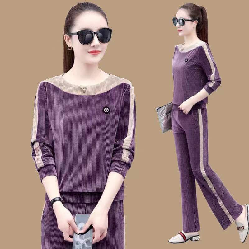 Gold Velvet Sportswear Set - Women's Spring-Autumn Fashion Chic Large-Sized Casual Loose Two-Piece Set
