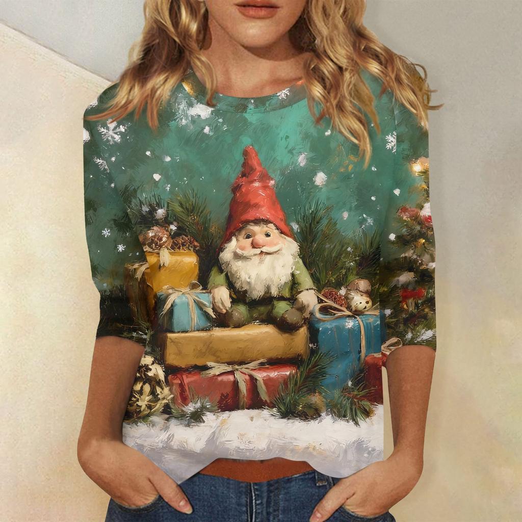 3/4 Sleeve Shirts For Women Print Christmas Tees Blouses Casual Plus Size Basic Tops Pullover