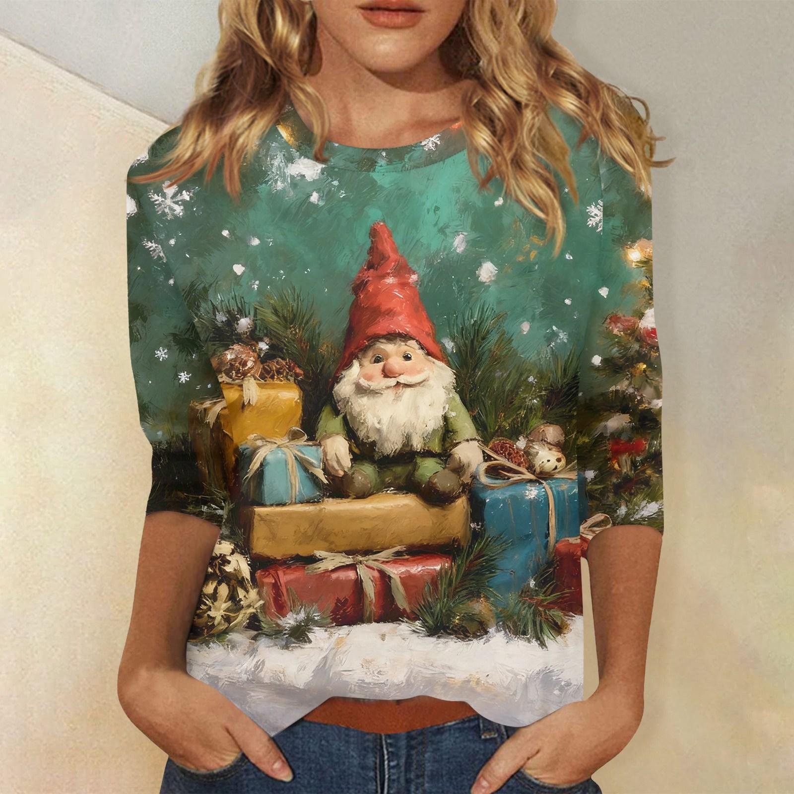 

Рубашки с рукавом 3/4 для женщин с принтом, Рождественские футболки, Блузки, Повседневные, Большого размера, Базовые топы, Пуловер L зелёный