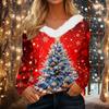 Top Navideño Estampado para Mujer con Mangas Largas, Cuello en V y Cuello de Peluche