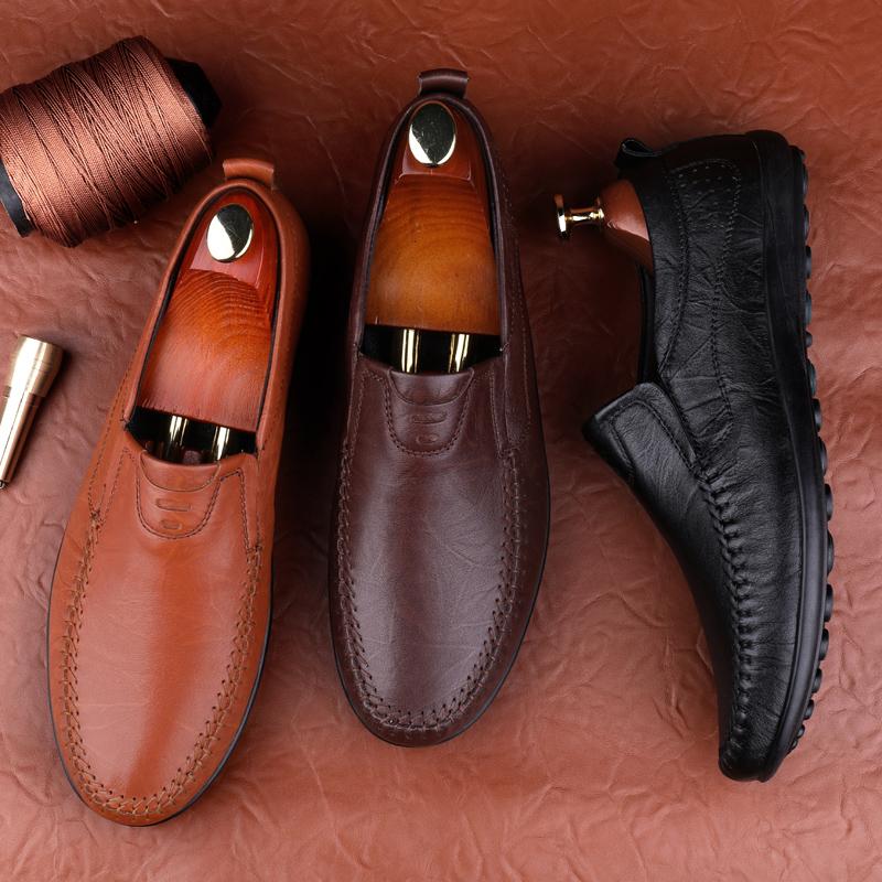 New Handmade Leather Loafers Mens Shoes Casual Slip On Driving Shoes Genuine Leather Breathable Business Shoes Flat Summer Shoes
