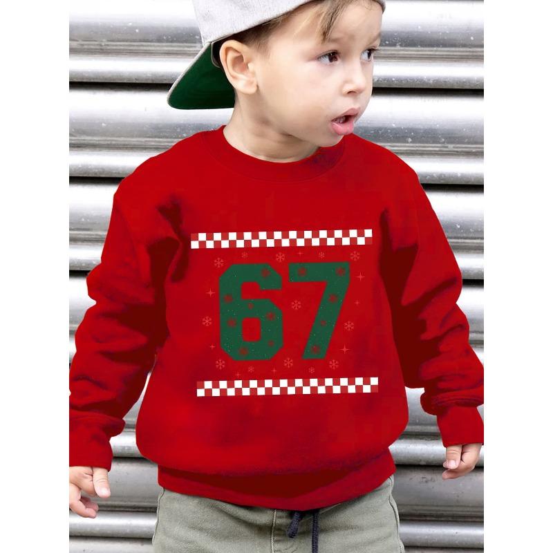 Christmas Kids Sweatshirt Over 4Y Unisex Boys Girls Green Snowflake Number 67 Checker Border Graphic Crewneck Soft Fleece Pullover For 4-12 Children